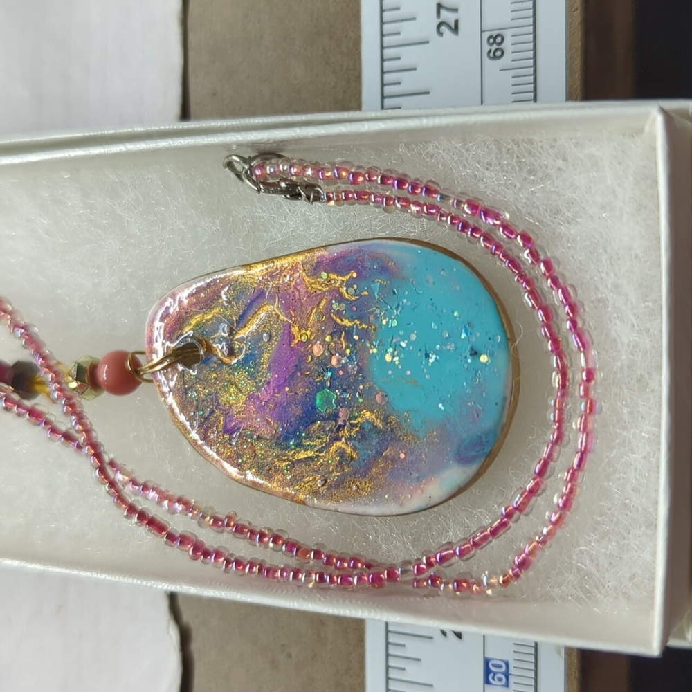 Handcrafted beaded necklace with stone pendant 18" drop